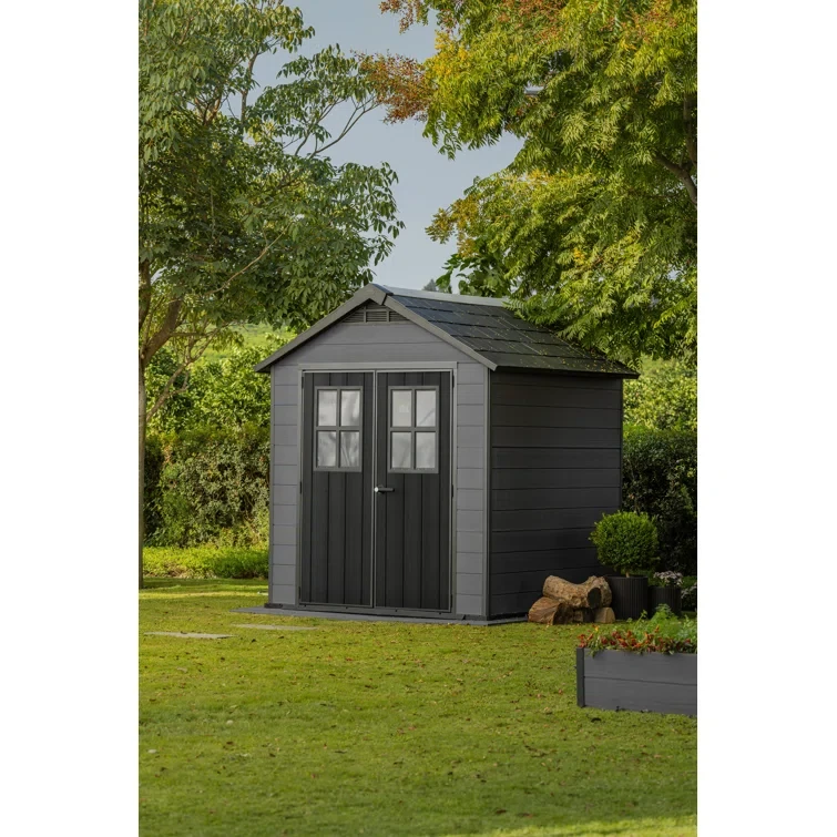 Keter Newton 7.5x7 ft. Resin Outdoor Storage Shed With Floor for Patio Furniture and Tools, Graphite