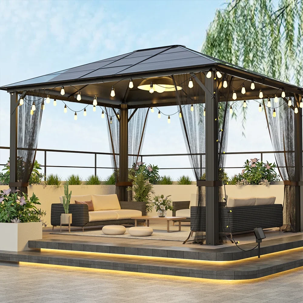 12' W X 10' D Galvanized Aluminum Patio Gazebo With Mosquito Netting